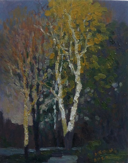Original Oil Painting Wall Art Signed unframed Hand Made Jixiang Dong Canvas 25cm × 20cm Landscape Sunlit Trees by the Road Stuttgart Small Impressionism Impasto by Jixiang Dong