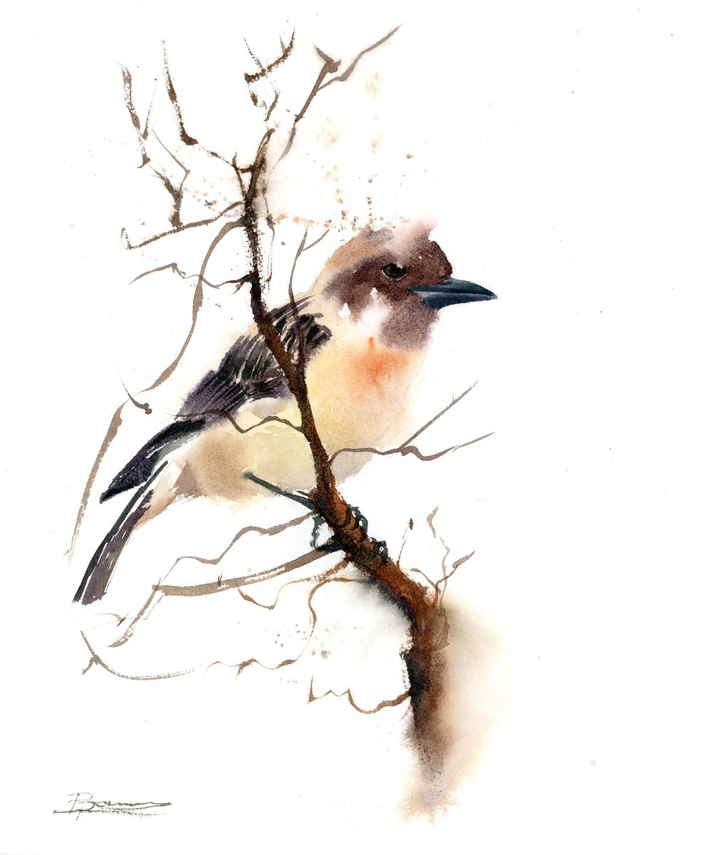 Impressionistic Animal Watercolour By Olga Tchefranov (Shefranov), 10 X 13", Bird On The Tree, Original Artwork