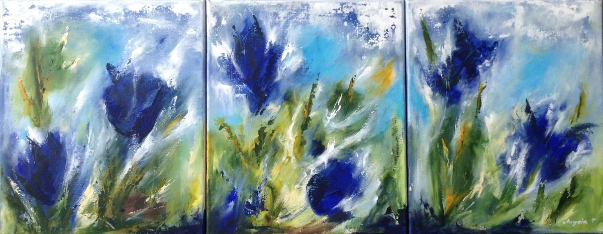 Blue Flowers , Triptych by Angela Titirig