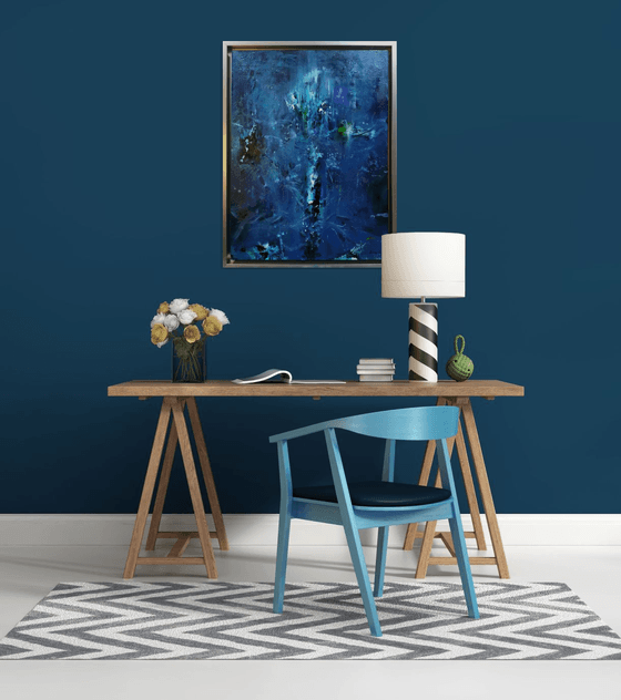 Framed blue enigmatic ghostly pot with flowers unique painting by O KLOSKA