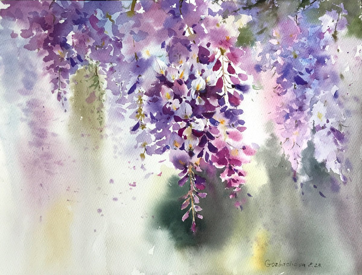 Impressionistic Botanical Watercolour By Eugenia Gorbacheva, 16 X 12, Wisteria #2, Original Artwork