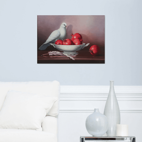 Still life with pomegranates and pigeon (50x70cm, oil painting, ready to hang)