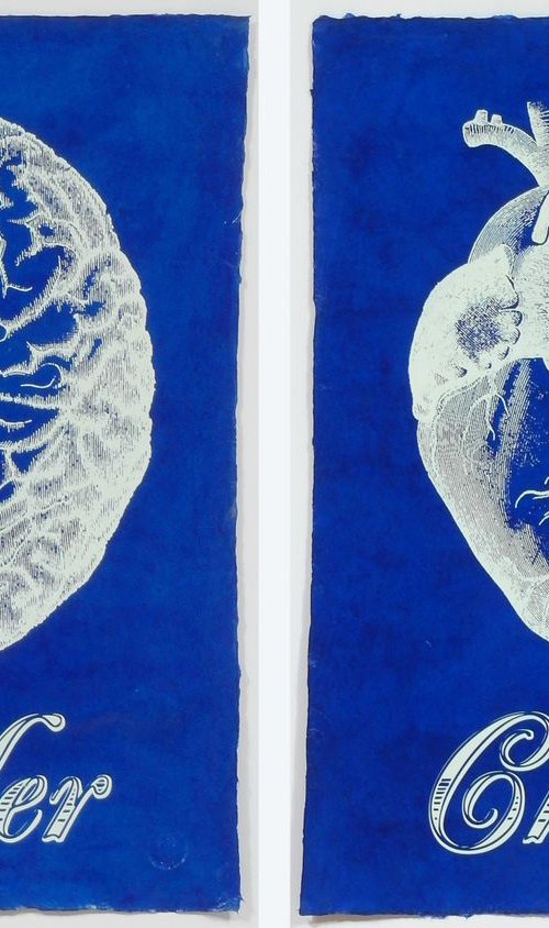 Order Chaos on Handmade Blue Lacquered Paper, Medical Antique Heart and Brain Screen Print by Dangerous Minds Artists