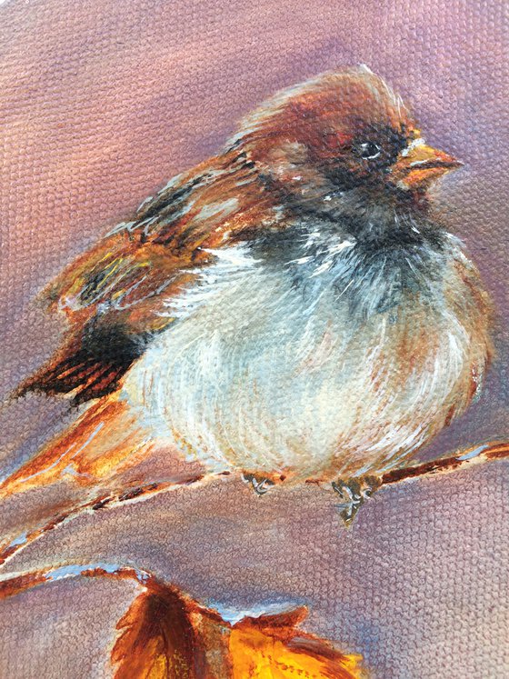 Bird oil painting - Sparrow original wall art - Small round canvas - Gift idea for bird lover (2021)