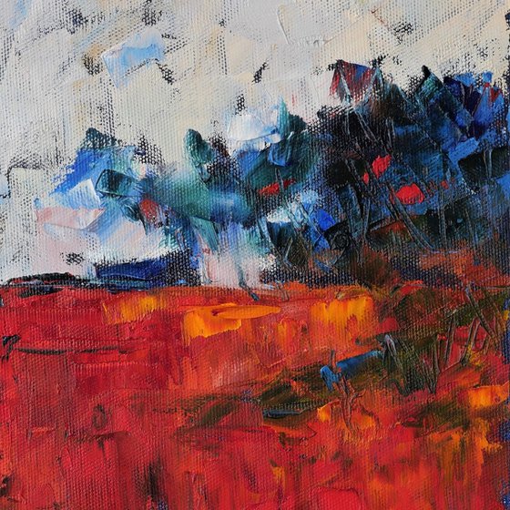 Red field - textured semi abstract colourfull landscape oil painting