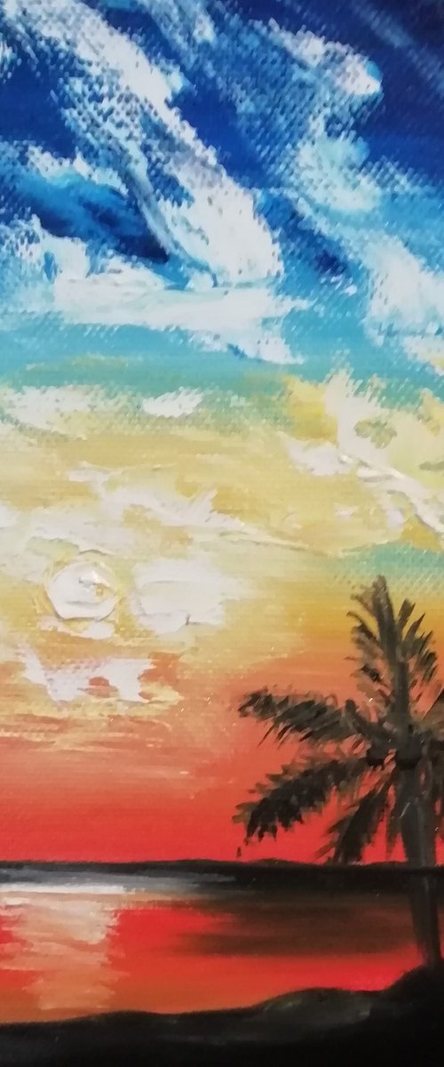 Summer evening, original sunset sea beach oil painting, small gift idea by Nataliia Plakhotnyk