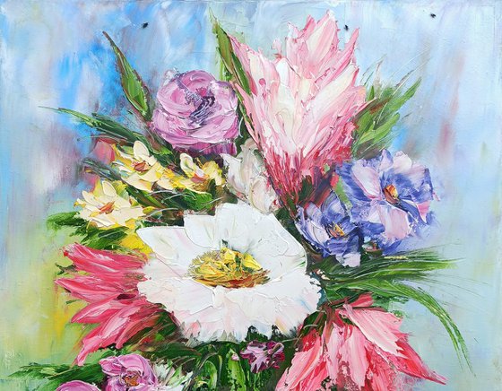 Field flowers in vase(50x70cm, oil painting, palette knife)