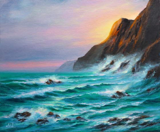 Turquoise Waves - Painting Seascape Original Art Ocean Artwork Surf Wall Art Small Painting 12" by 10"
