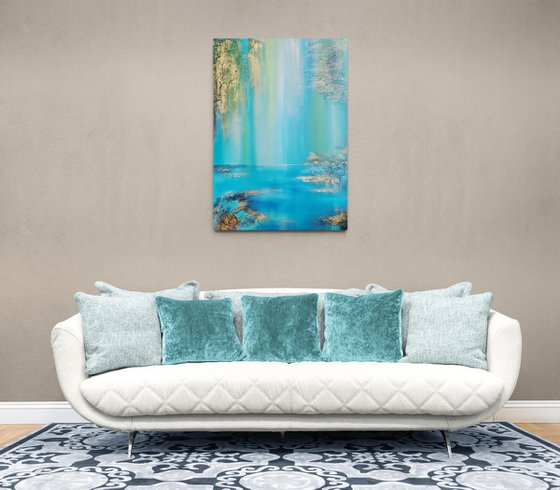 A XL large semi-abstract beautiful structured mixed media painting of a lake "Under the willow"