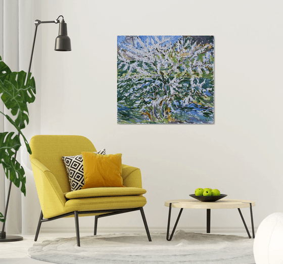 FLOWERING BUSH - original oil on canvas, floral landscape art, blooming tree plant, spring flower, interior decor