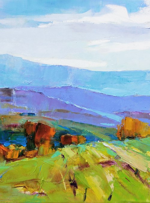 Sunny day . Mountain fields . Original oil painting by Helen Shukina