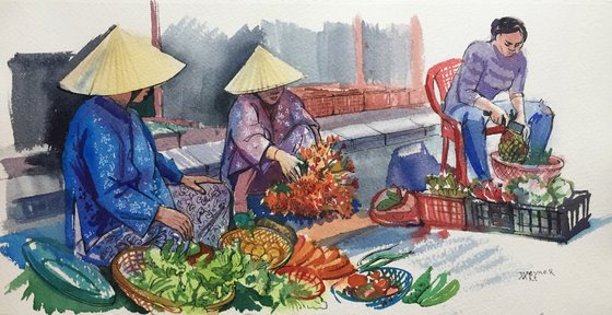 Vietnam market. People in the market, landscape.