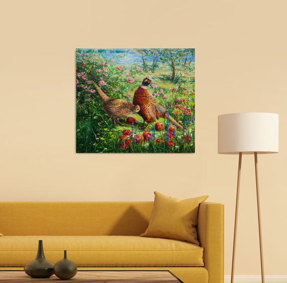 PHEASANTS IN APPLE GARDEN