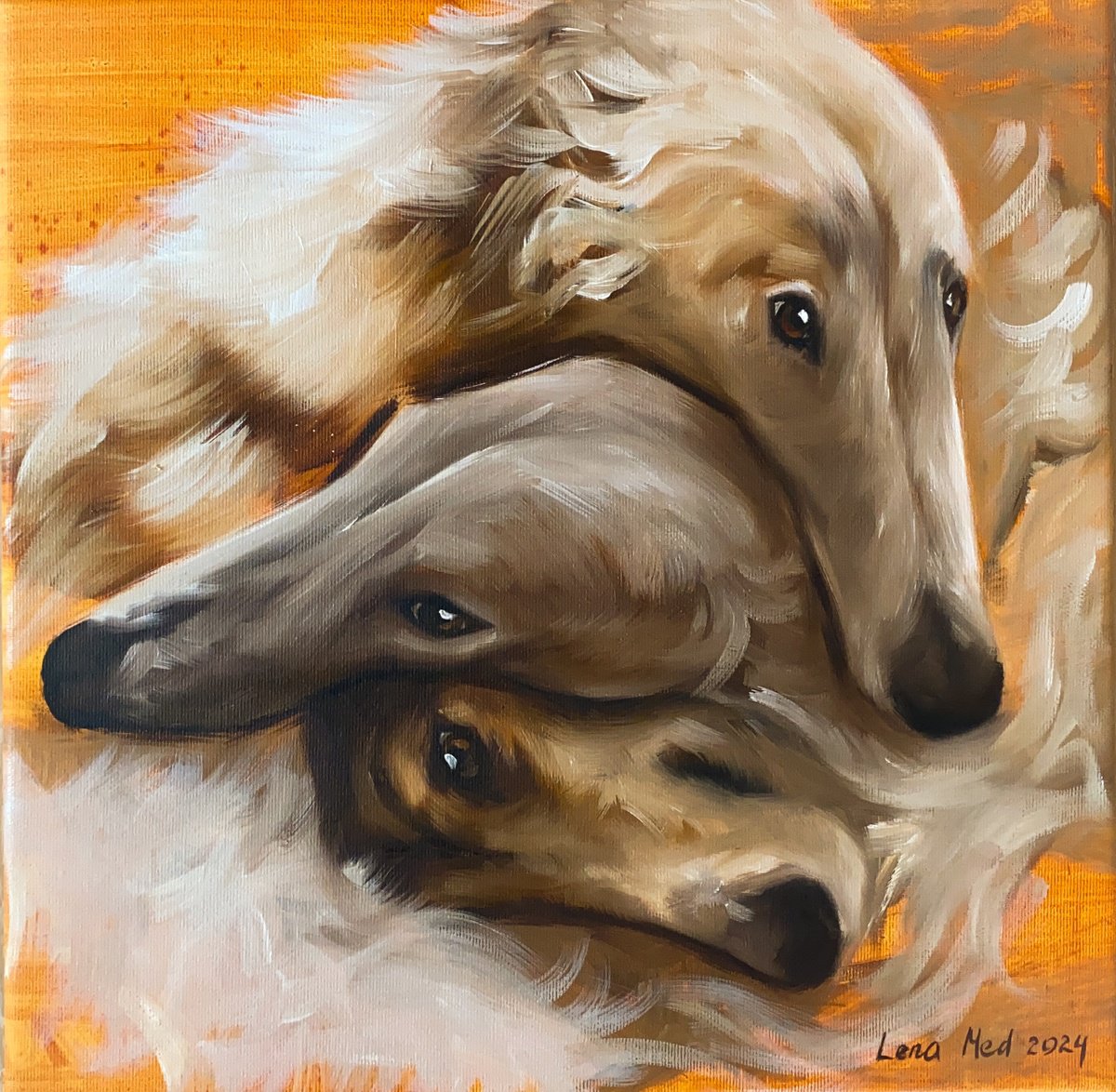 Impressionistic Animal Oil Painting By Lena Med, 14 X 14", Three Borzoi, Original Artwork