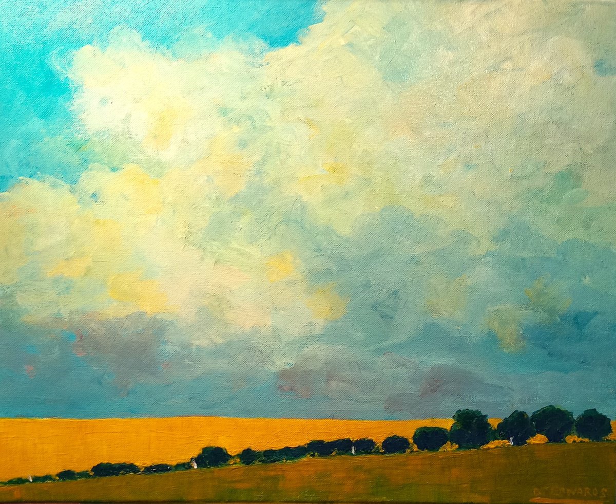 Impressionistic Landscape Acrylic Painting By David J Edwards, 20 X 16, Wheatfield And Summer Sky, Original Artwork