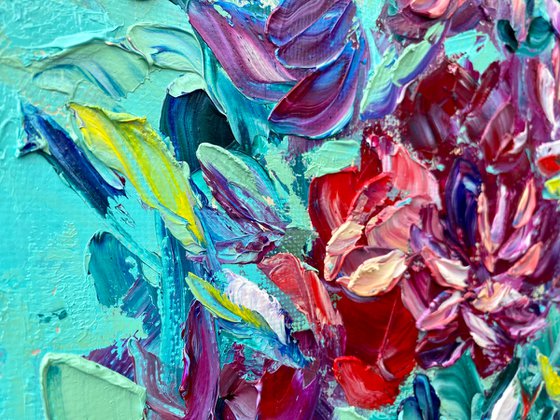 Petals - splashes of color, 25*35cm, impressionistic flowers oil painting with texture (a bit impasto)