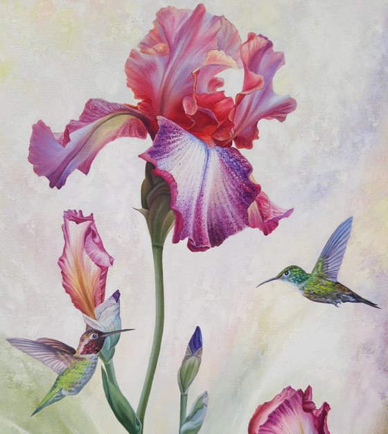 "Morning date", iris and birds painting