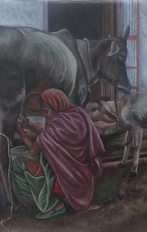 Indian Woman Milking the Cow by Ramya Sadasivam