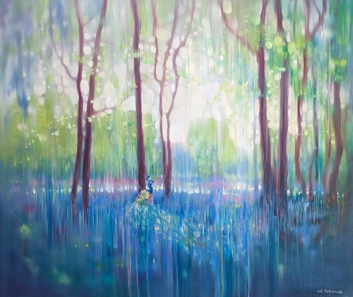 In His Element, a peacock in bluebell landscape painting by Gill Bustamante