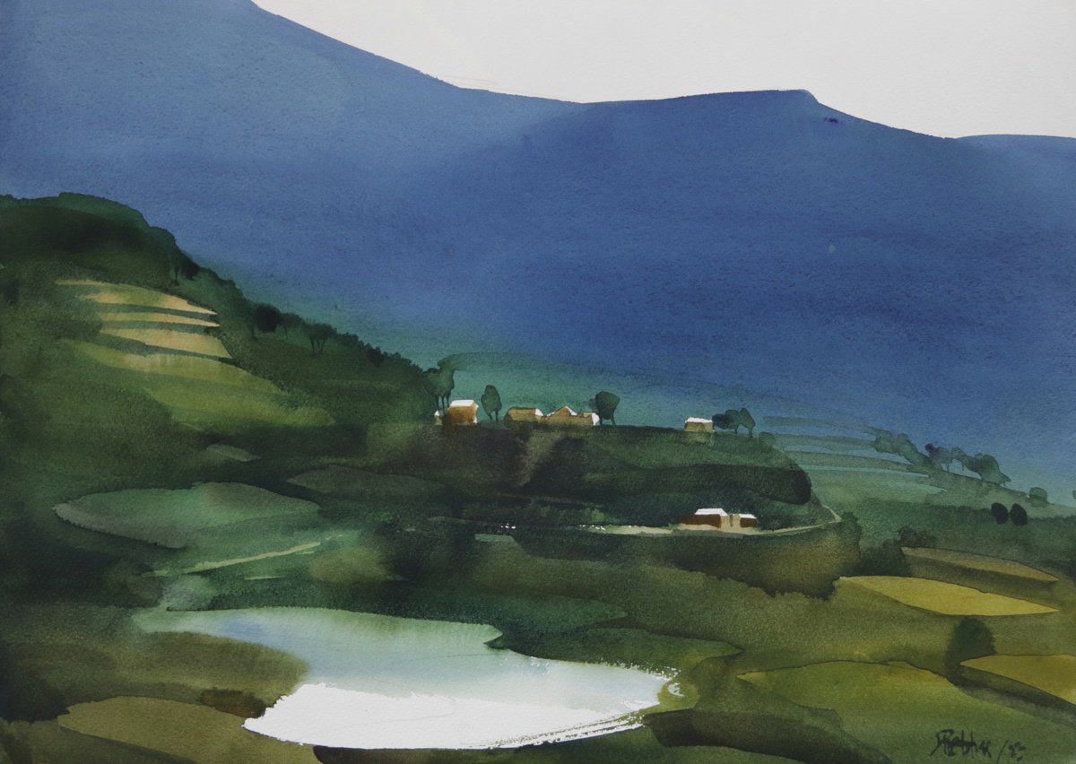 Impressionistic Landscape Watercolour By Prashant Prabhu, 20 X 14", Reflection Of Green Silence, Original Artwork