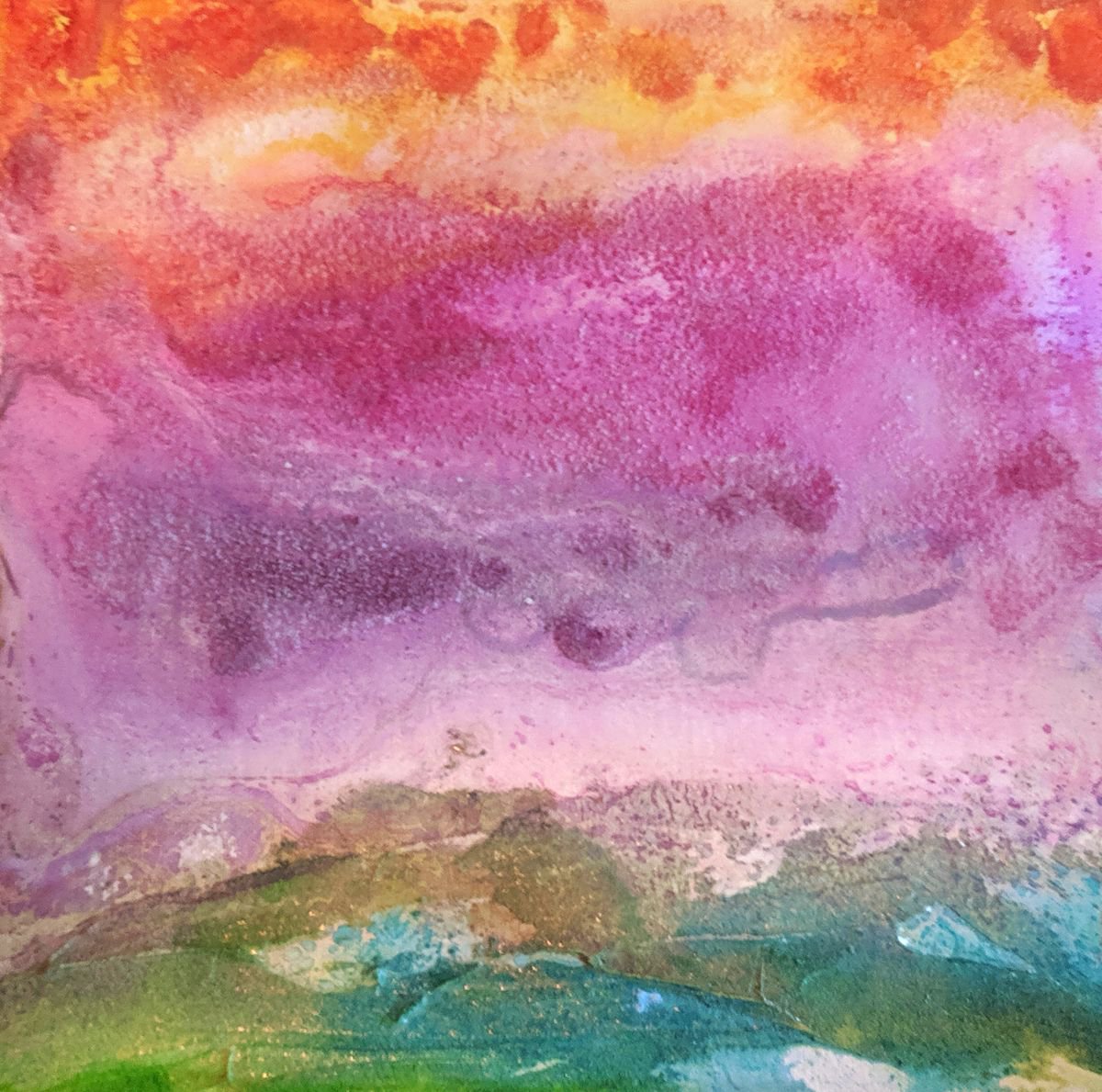 Abstract Landscape Painting By Shelli Finch, 12 X 12", Summer Sunset On Iowa Plains, Original Artwork