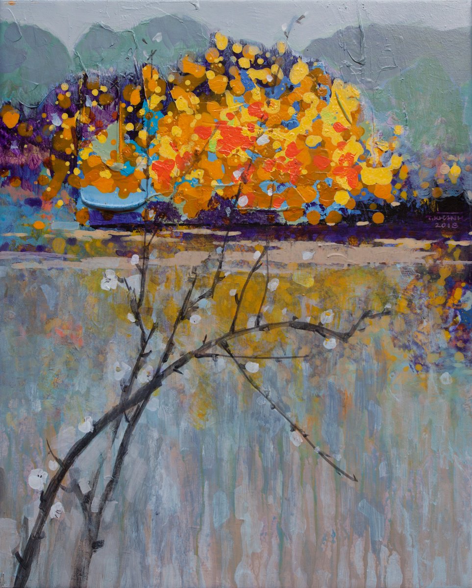 Expressive Landscape Acrylic Painting By The Khanh Bui, 16 X 20", Gold Hues On The Heritage, Original Artwork
