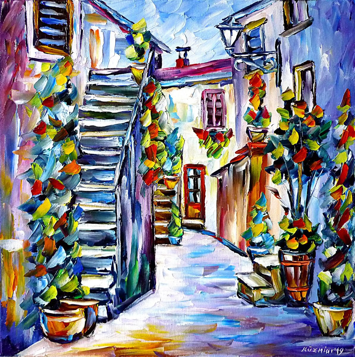 Expressive Cityscapes Oil Painting By Mirek Kuzniar, 16 X 16", Alley In Pitigliano, Tuscany, Original Artwork