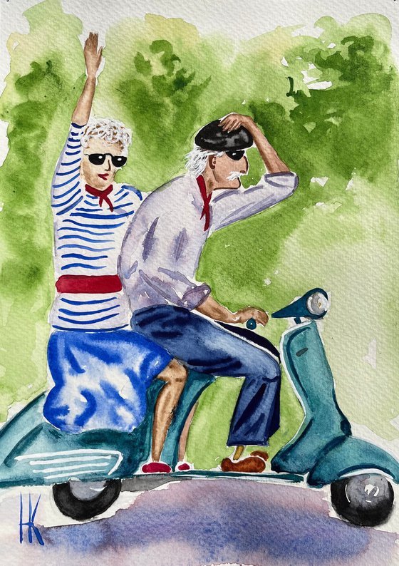 Motorcycle Painting Couple Original Art Motorbike Trip Watercolor Love Story Artwork Small Home Office Wall Art 9 by 12.5" by Halyna Kirichenko