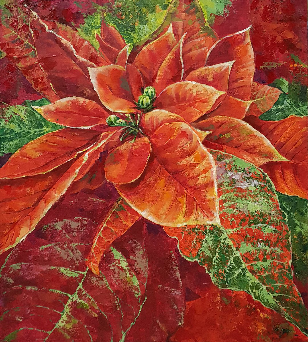 Christmas star - oil painting, red flower, gift idea, contemporary art by Elena Smurova