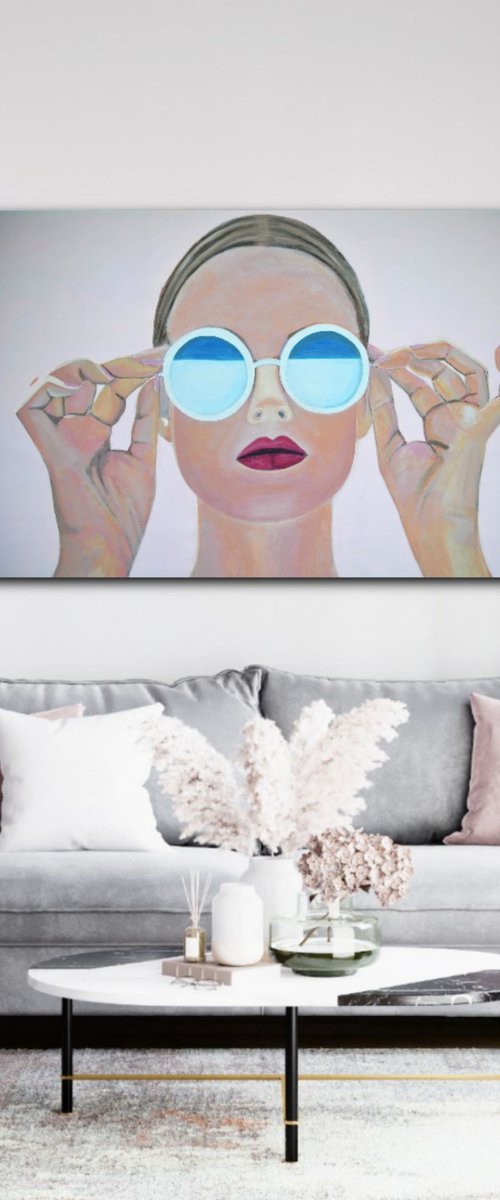 Extra large  painting, Girl with sunglasses / 140 x 90 x 5 cm by Alexandra Djokic