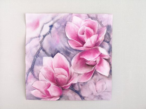 Magnolia blooming, pink flowers watercolor painting