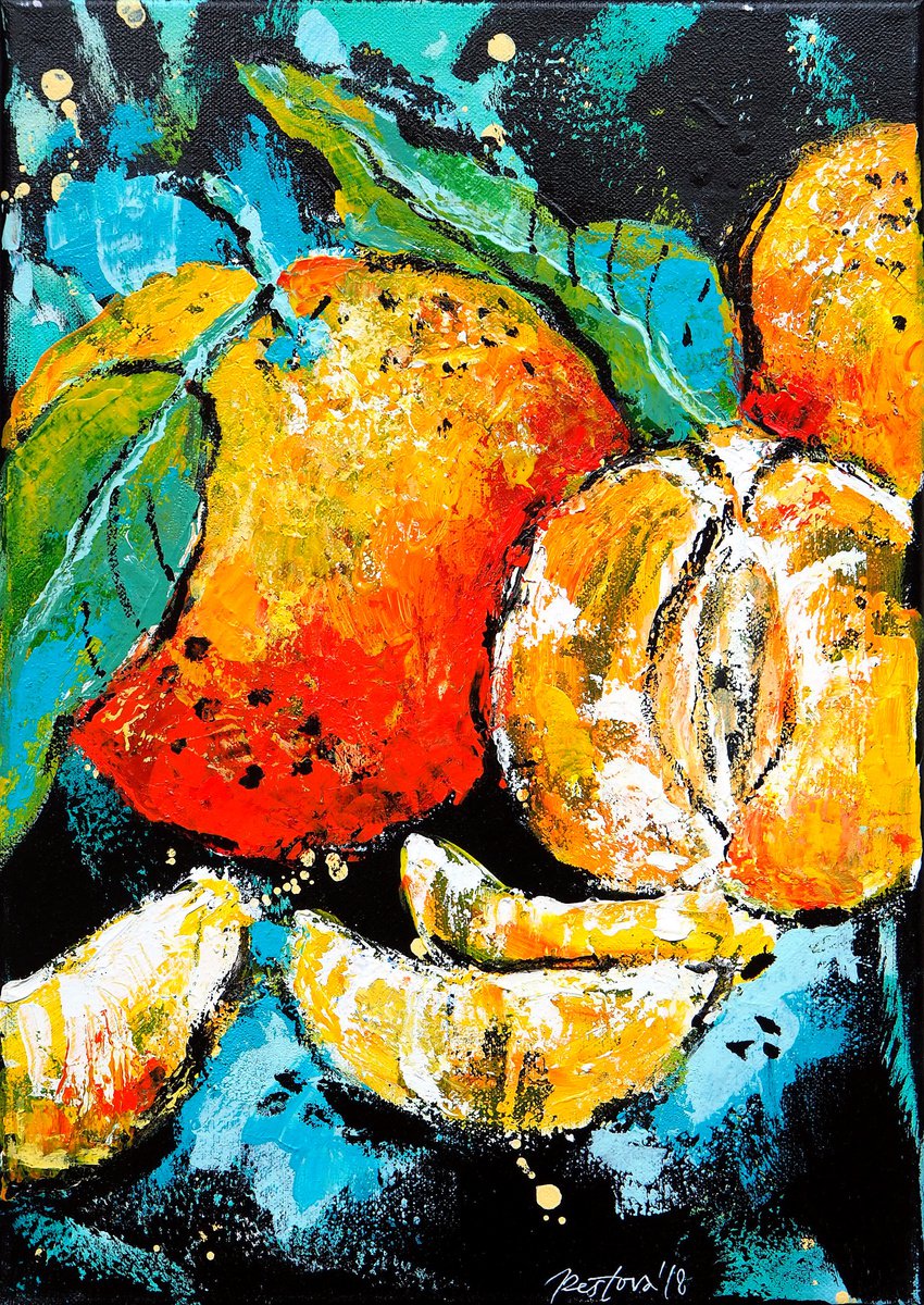 Tangerines on black by Jenya Pestova