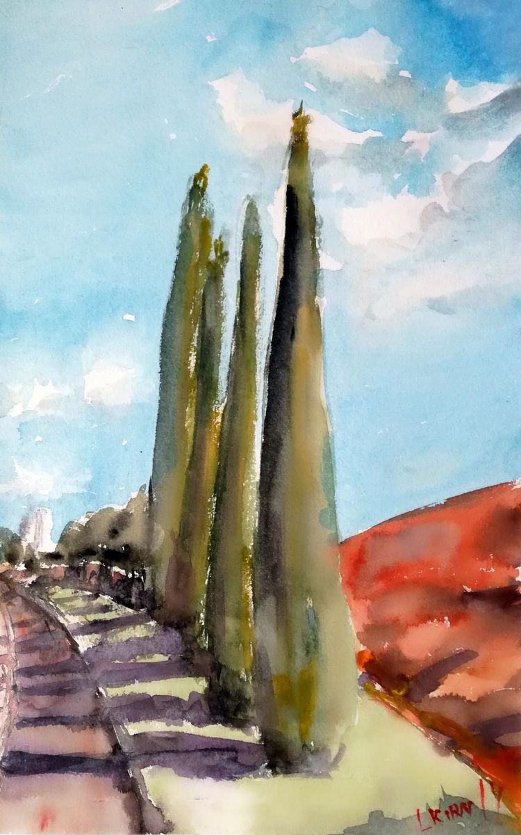 Impressionistic Landscape Watercolour By Leonid Kirnus, 10 X 15", The Cypresses, Original Artwork