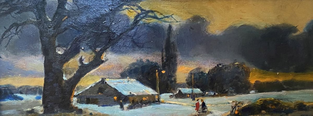 Impressionistic Landscape Oil Painting By Oleg And Alexander Litvinov, 7 X 18", Winter Evening, Original Artwork