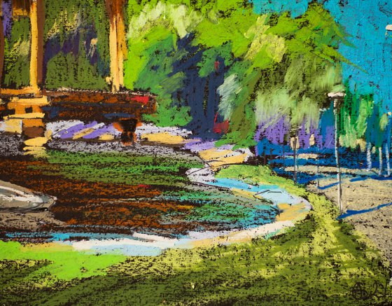 Pagoda. Japanese garden. Sunny urban natural impressionistic landscape. Medium size oil pastel impressionistic interior painting travel decor Spain Madrid