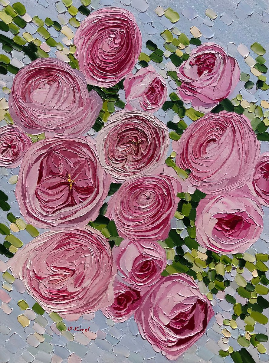 Photorealistic Botanical Oil Painting By Ulyana Korol, 24 X 32", Pink Marshmallow Roses, Original Artwork