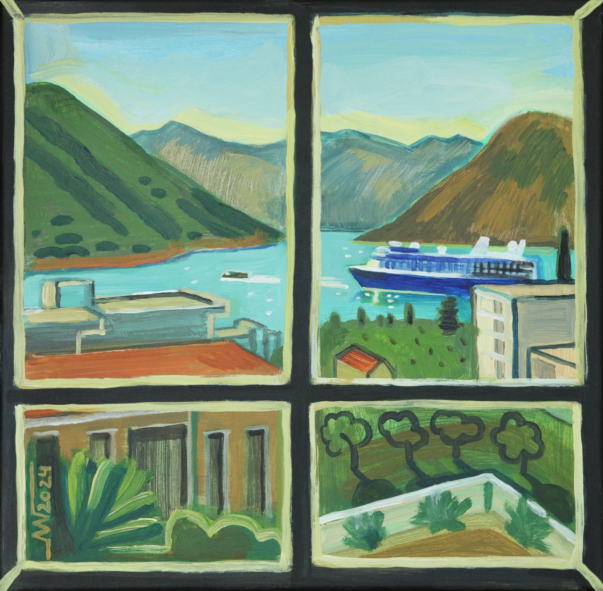 Landscape Acrylic Painting By Marina Gorkaeva, 16 X 16", Window, Original Artwork