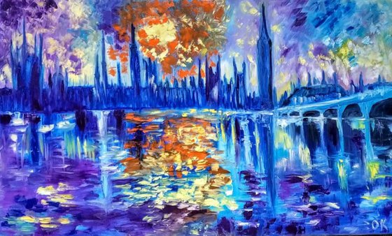 Sunset  in London 90 x 55 cm Big Ben. House of Parliament. 90 x55 LARGE OIL PAINTING