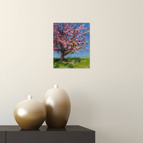 Pretty in Pink cherry tree plein air landscape oil painting