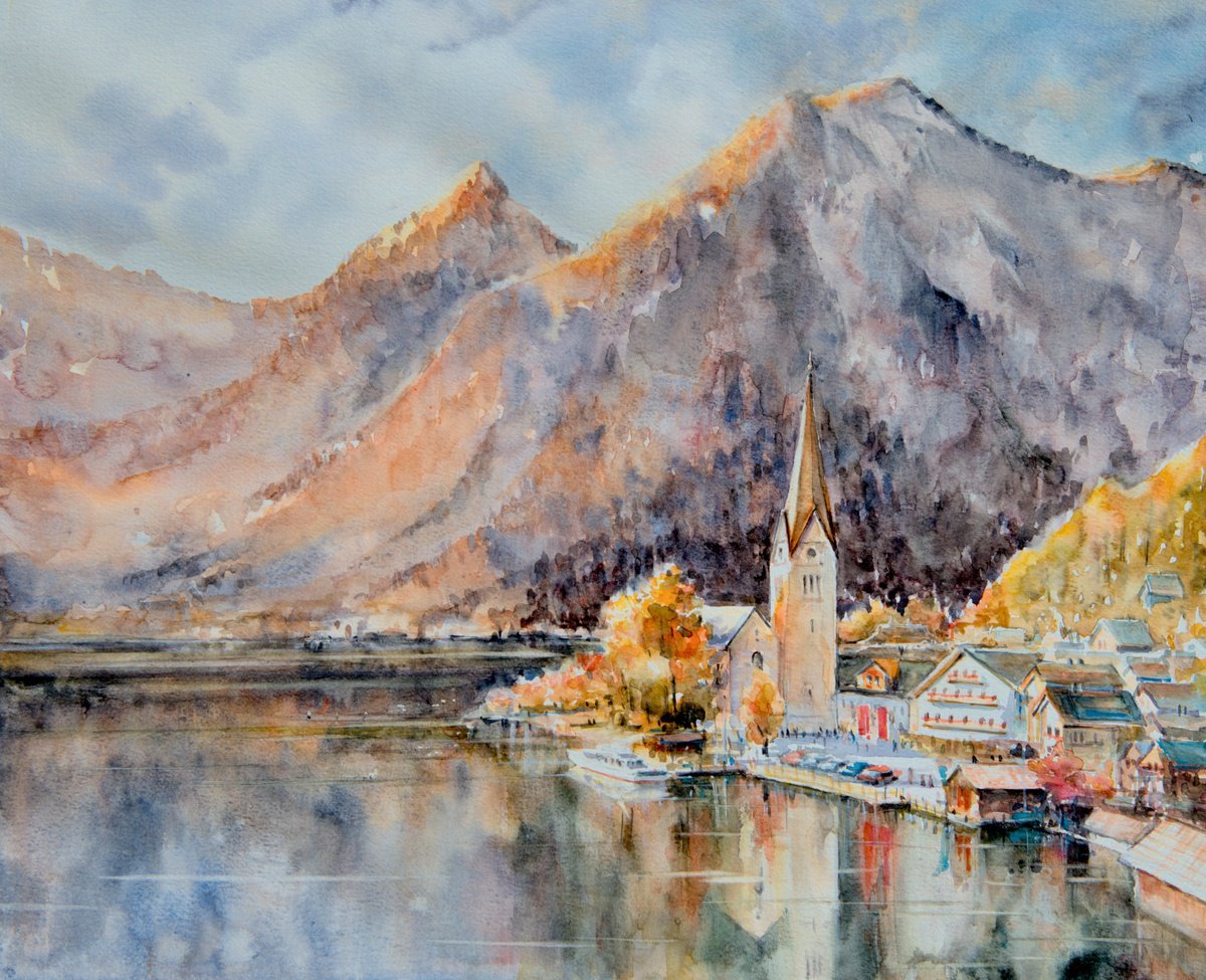 Impressionistic Landscape Watercolour By Eve Mazur, 20 X 16, Autumn In Hallstatt, Austria, Original Artwork