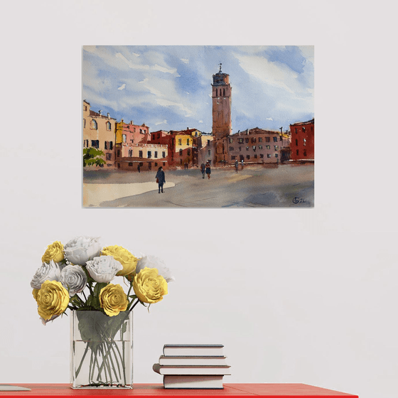 Venice. Sunny square. Medium format watercolor urban landscape Mediterranean italy sea bright architecture old travel