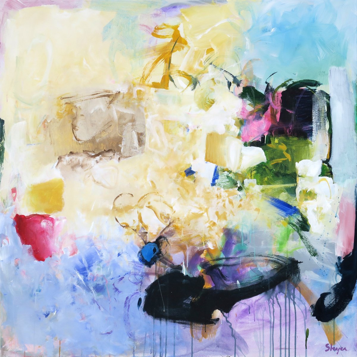 Expressive Abstract Acrylic Painting By Thomas Steyer, 47 X 47", Serious For A Second, Original Artwork