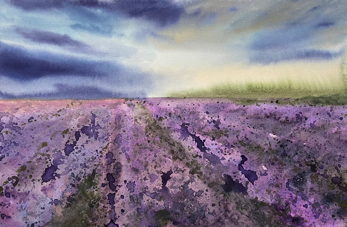 Abstract Landscape Watercolour By Alona Hryn, 17 X 11, Lavender Field, Original Artwork