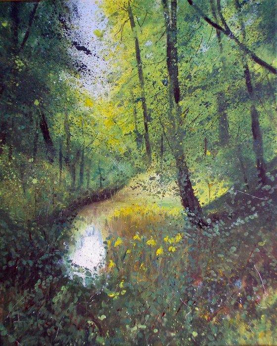 Secret woodland pond with yellow Irises