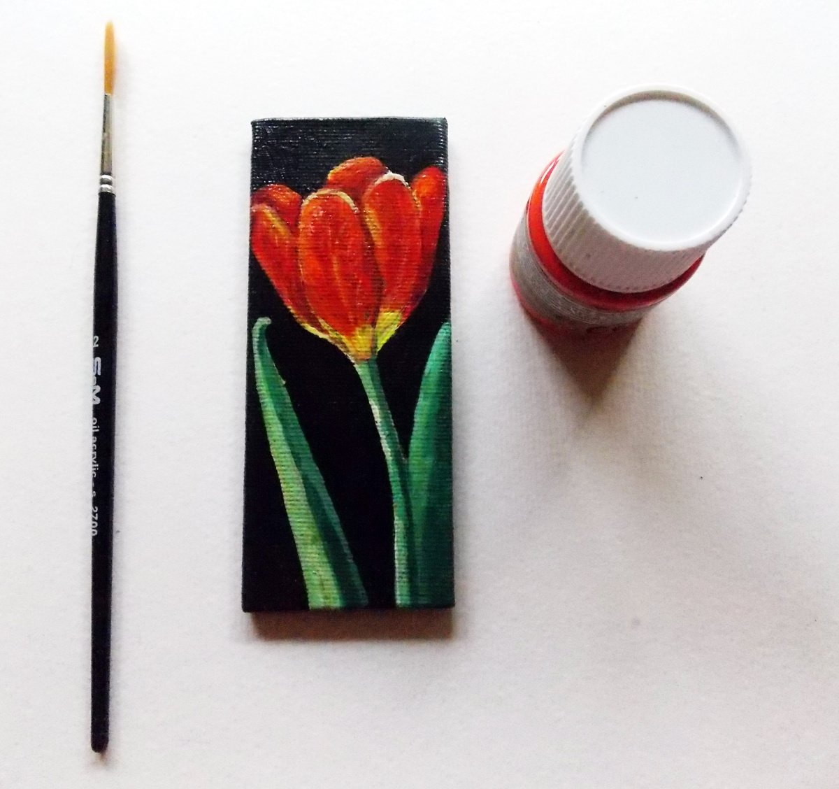 Red Tulip - Miniature Original Painting Fridge Magnet in Acrylic on Mini Canvas Hardboard by Adriana Vasile