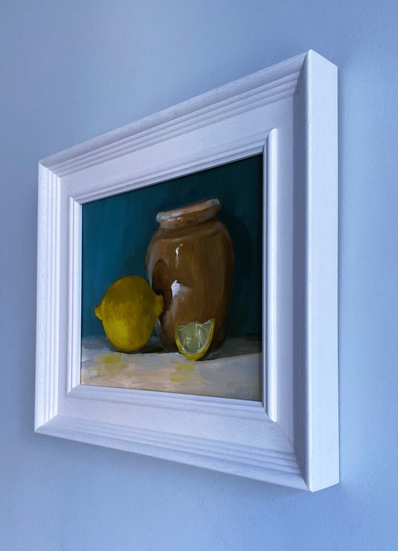 Lemons and Ceramic Pot Still Life