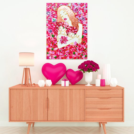 Mother and babies. Hot pink painting with floral woman. Mosaic love gift