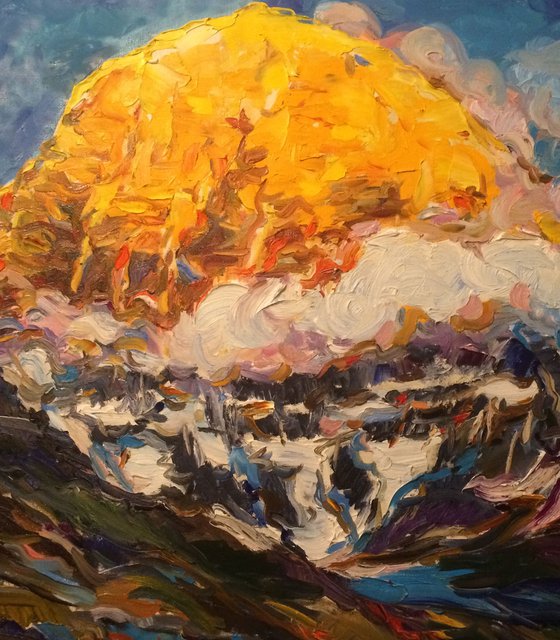 HIMALAYAS.  KAILASH MOUNT - landscape art, mountainscape, mountain, yellow sunset over the mountains 72x91