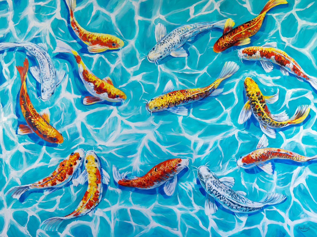 Impressionistic Animal Acrylic Painting By Irina Redine, 48 X 36, Koi Fish, Original Artwork