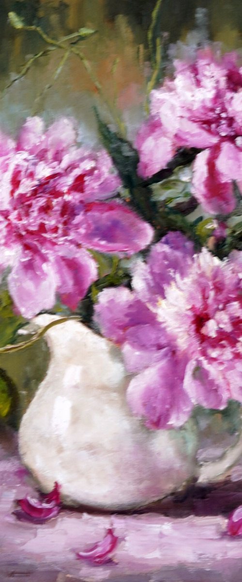 Peonies in White Vase by Olga Egorov